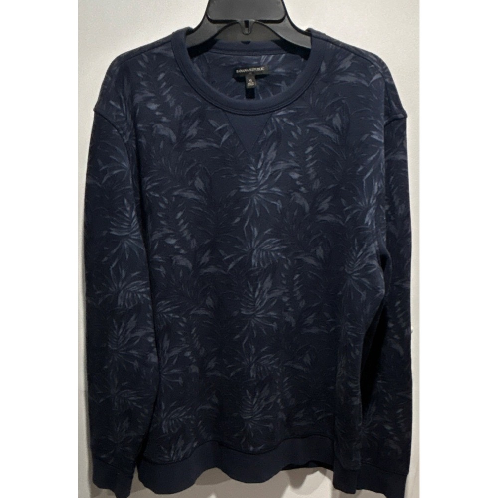 Banana‎ Republic Men's Crew Neck Leaf Print Pullover Sweatshirt Navy Blue XL